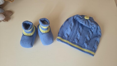 Set cappellino e babbucce in puro cotone Ottanio / Giallo taglia unica Marlù