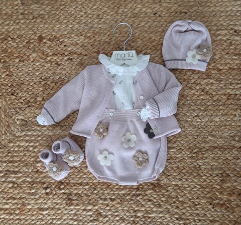 Completo 3 pezzi in pura lana con cappellino e babbucce Natural Bio / Grigio Scuro taglia 0-3 mesi Marlù