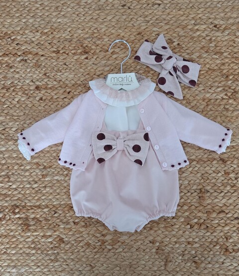 Completo 3 pezzi in pura lana e velluto con fascetta Rosa / Bordò taglia 0-3 mesi Marlù