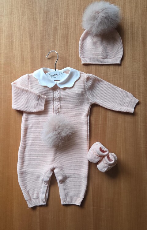 Tutina con cappellino e babbucce in misto lana Rosa Cipria taglia 3 mesi Pappa e Latte