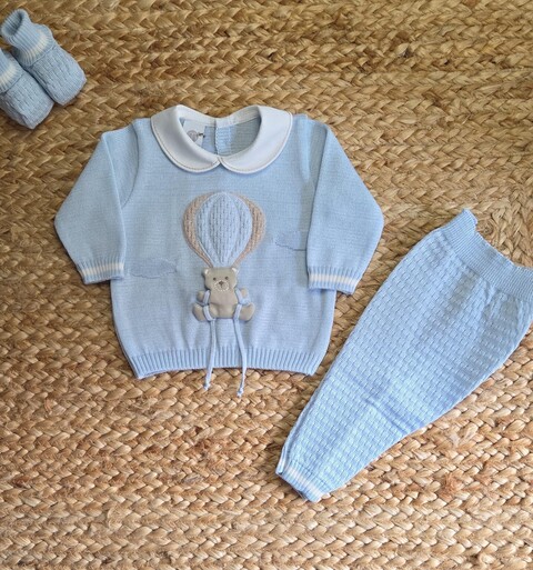 Completo 2 pezzi in filo di puro cotone Cielo / Vaniglia taglia 0-3 mesi Marlù