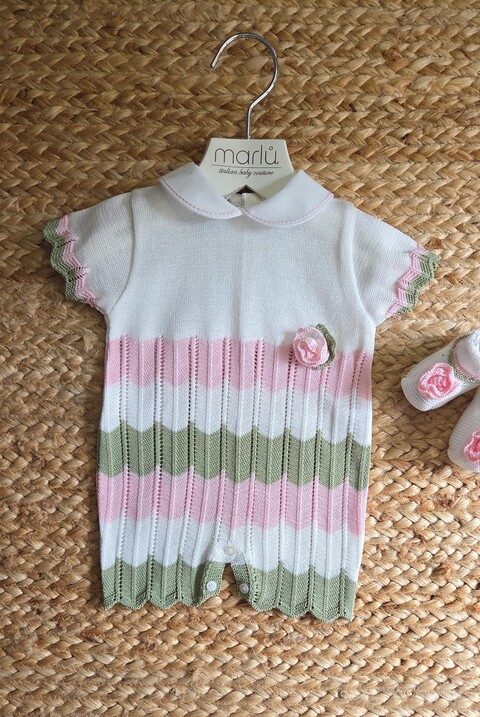 Pagliaccetto in filo di puro cotone Vaniglia / Rosa Pesco / Verde Oliva taglia 0-3 mesi Marlù