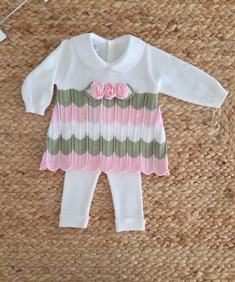 Completo 2 pezzi in filo di puro cotone Vaniglia / Rosa Pesco / Verde Oliva taglia 0-3 mesi Marlù