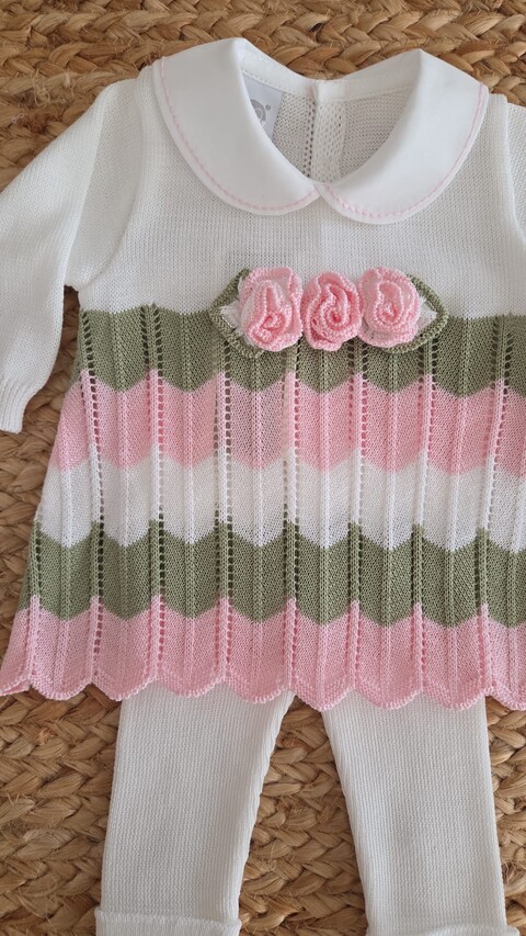 Completo 2 pezzi in filo di puro cotone Vaniglia / Rosa Pesco / Verde Oliva taglia 0-3 mesi Marlù
