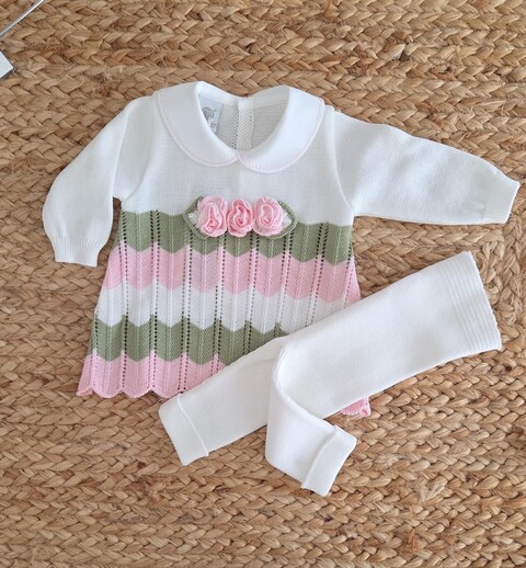 Completo 2 pezzi in filo di puro cotone Vaniglia / Rosa Pesco / Verde Oliva taglia 0-3 mesi Marlù