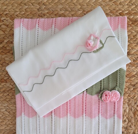 Set lenzuolino 3 pezzi per carrozzina in puro cotone Vaniglia / Rosa Pesco / Verde Oliva Marlù