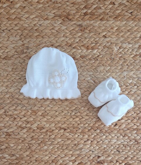 Set cappellino e babbucce in puro cotone Bianco / Sabbia taglia unica Marlù