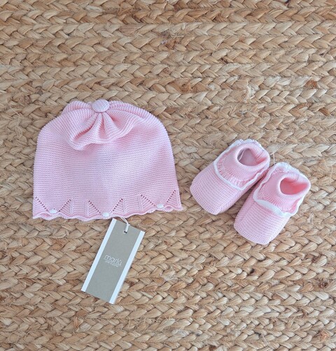 Set cappellino e babbucce in puro cotone Rosa Pesco / Vaniglia taglia unica Marlù