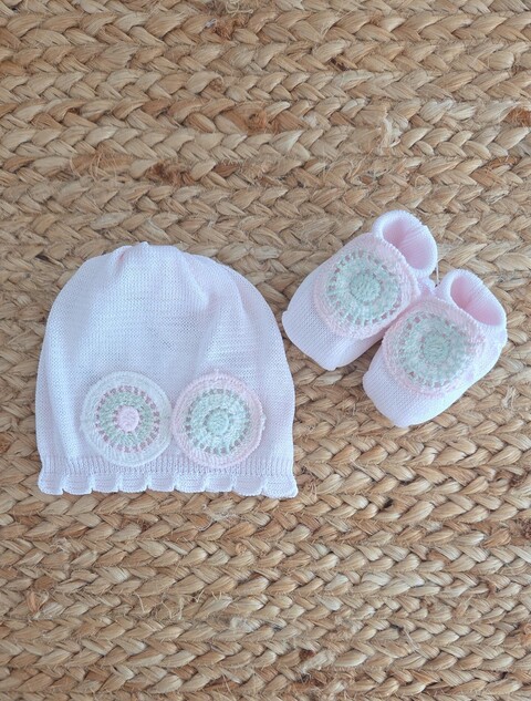 Set cappellino e babbucce in puro cotone Rosa / Verde taglia unica Marlù