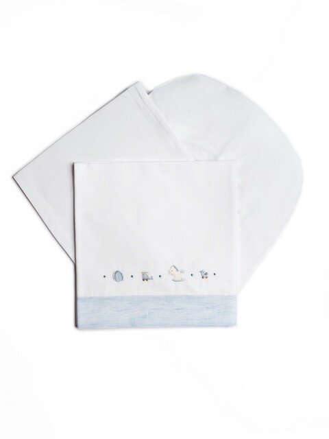 Set lenzuolino 3 pezzi per carrozzina in puro cotone Bianco / Cielo Barcellino