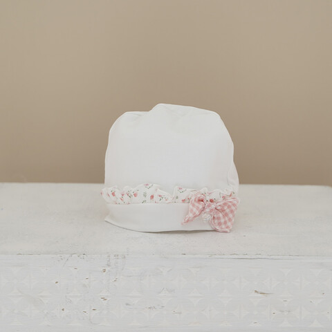 Cappellino in jersey di cotone Bianco con fiocchetto a quadri taglia 1 mese Ninnaoh