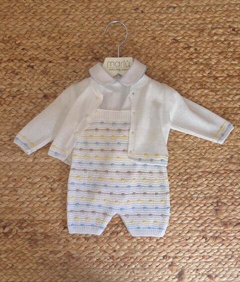 Completo salopette 3 pezzi in cotone Bianco / Cielo Polvere / Multicolor taglia 0-3 mesi Marlù