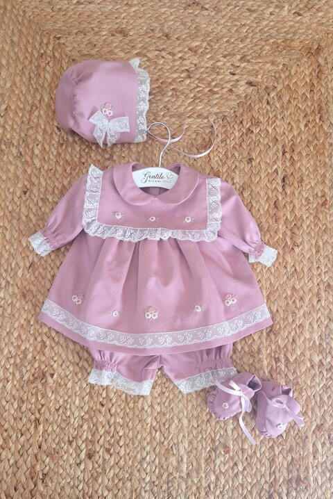 Completo nascita in piquet millerighe Malva taglia 0-3 mesi Gentile Baby Couture Ricamato a mano