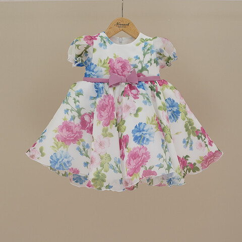 Abito elegante in organza fantasia floreale Fucsia / Azzurro Ninnaoh