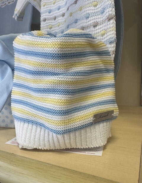 Cappellino in filo di puro cotone a righe Cielo / Giallo taglia 1 mese Ninnaoh