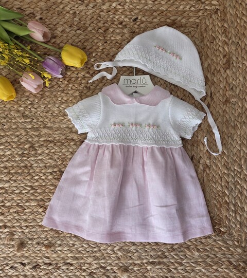 Abitino in cotone e lino con cuffietta Bianco / Rosa Pesco / Lime taglia 0-3 mesi Marlù