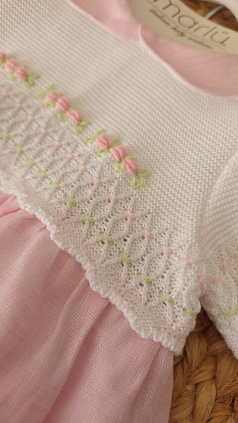 Abitino in cotone e lino con cuffietta Bianco / Rosa Pesco / Lime taglia 0-3 mesi Marlù