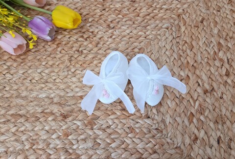 Babbucce in filo di puro cotone Vaniglia / Rosa  taglia 0-3 mesi Marlù