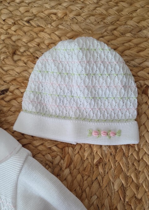 Tutina con cappellino e babbucce in filo di puro cotone Bianco / Rosa Pesco / Lime taglia 0-3 mesi Marlù