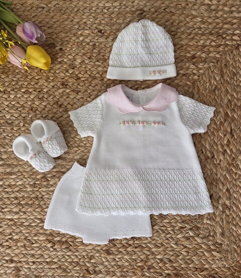 Completo 2 pezzi con cappellino e babbucce in puro cotone Bianco / Rosa Pesco / Lime taglia 0-3 mesi Marlù