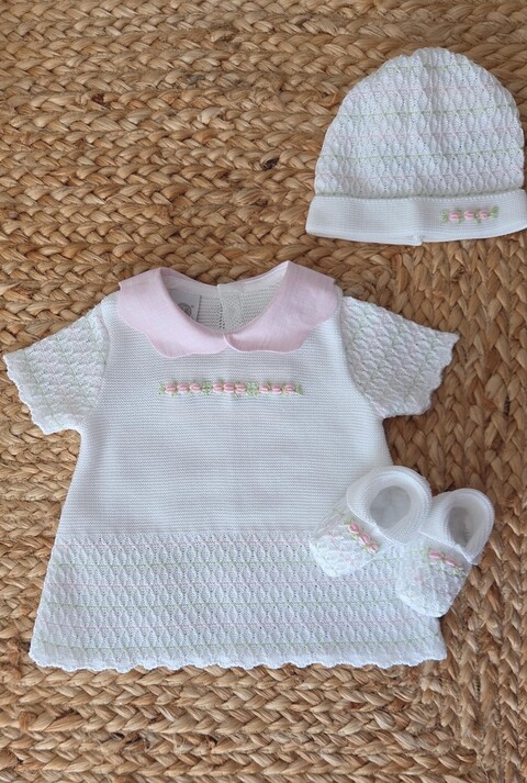 Completo 2 pezzi con cappellino e babbucce in puro cotone Bianco / Rosa Pesco / Lime taglia 0-3 mesi Marlù