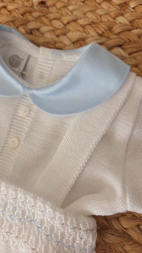 Salopette 2 pezzi con babbucce in filo di puro cotone Bianco / Cielo Polvere / Noce taglia 0-3 mesi Marlù