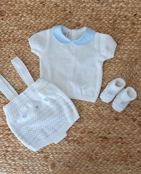 Salopette 2 pezzi con babbucce in filo di puro cotone Bianco / Cielo Polvere / Noce taglia 0-3 mesi Marlù