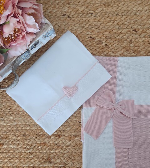 Completo per carrozzina con copertina in filo di cotone e lenzuolino Bianco / Rosa Cipria Marlù