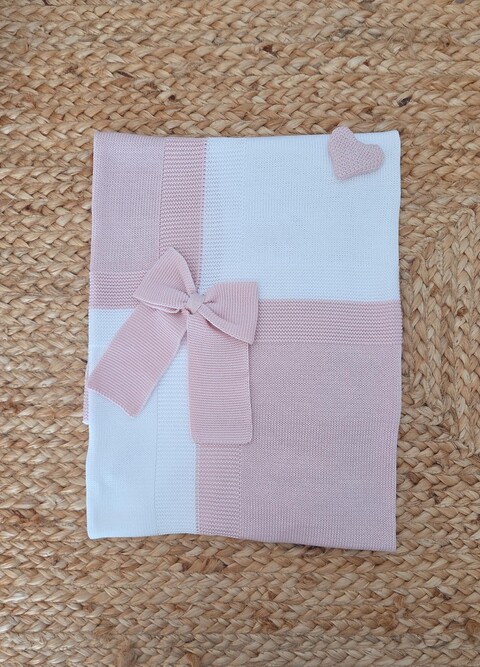 Completo per carrozzina con copertina in filo di cotone e lenzuolino Bianco / Rosa Cipria Marlù