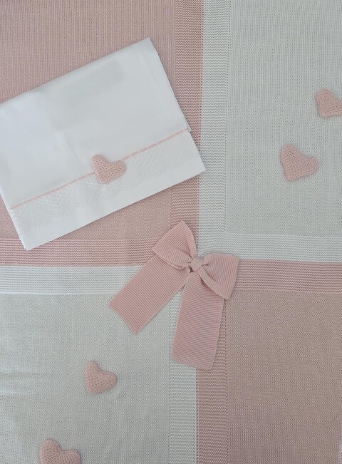 Completo per carrozzina con copertina in filo di cotone e lenzuolino Bianco / Rosa Cipria Marlù