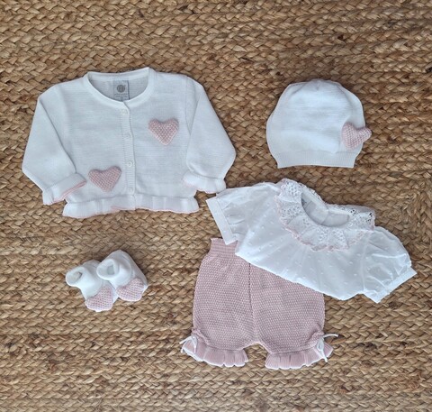 Completo 3 pezzi con babbucce in puro cotone Bianco / Rosa Cipria taglia 0-3 mesi Marlù