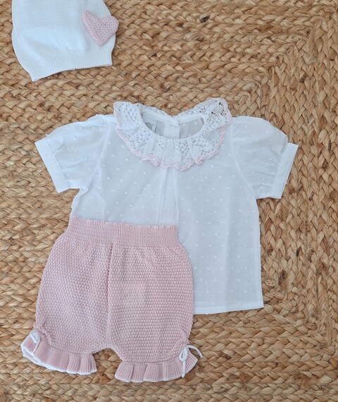 Completo 3 pezzi con babbucce in puro cotone Bianco / Rosa Cipria taglia 0-3 mesi Marlù