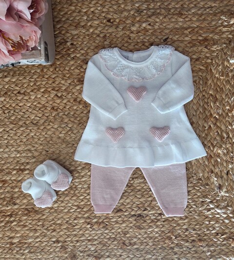 Completo 2 pezzi con babbucce in filo di puro cotone Bianco / Rosa Cipria taglia 0-3 mesi Marlù