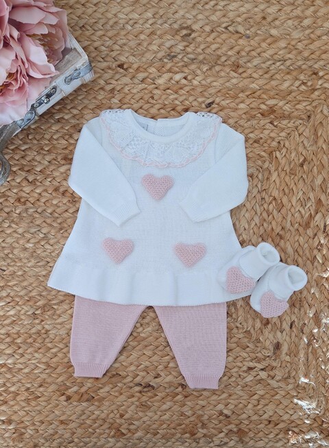 Completo 2 pezzi con babbucce in filo di puro cotone Bianco / Rosa Cipria taglia 0-3 mesi Marlù