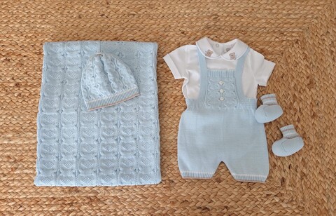 Completo nascita 4 pezzi in cotone Cielo / Noce Marlù