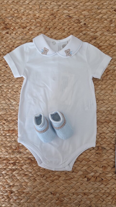 Completo nascita 4 pezzi in cotone Cielo / Noce Marlù