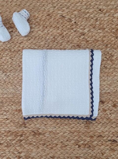 Copertina per carrozzina in filo di puro cotone Bianco / Blu / Sabbia Marlù