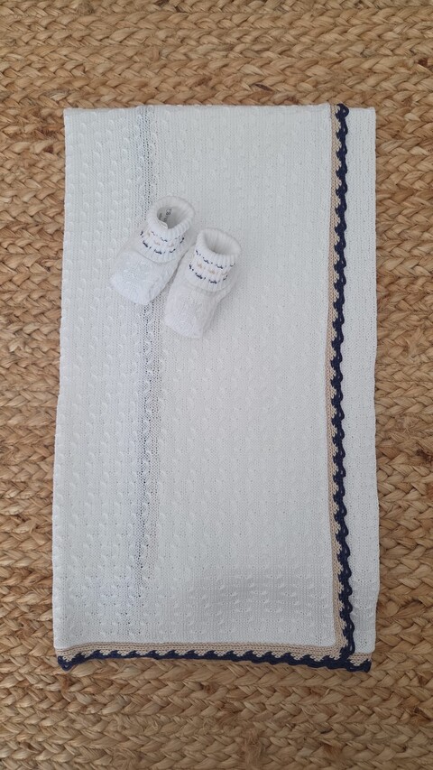 Copertina per carrozzina in filo di puro cotone Bianco / Blu / Sabbia Marlù