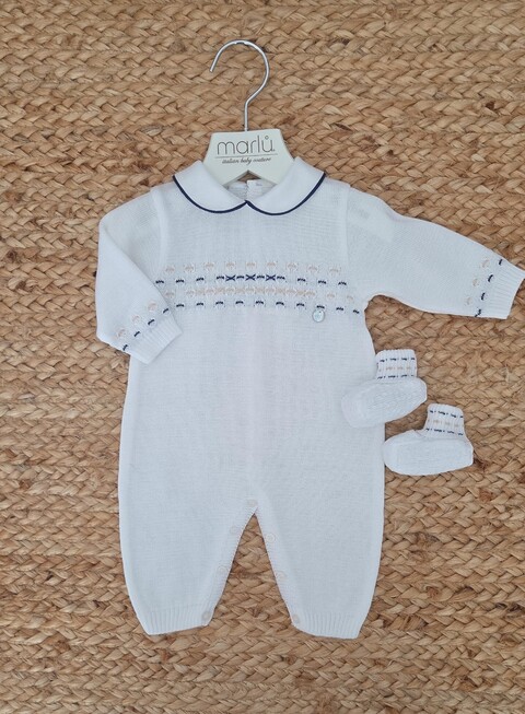 Tutina con babbucce in filo di puro cotone Bianco / Blu / Sabbia taglia 0-3 mesi Marlù