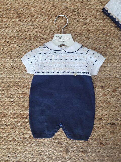 Pagliaccetto con babbucce in filo di puro cotone Bianco / Blu / Sabbia taglia 0-3 mesi Marlù