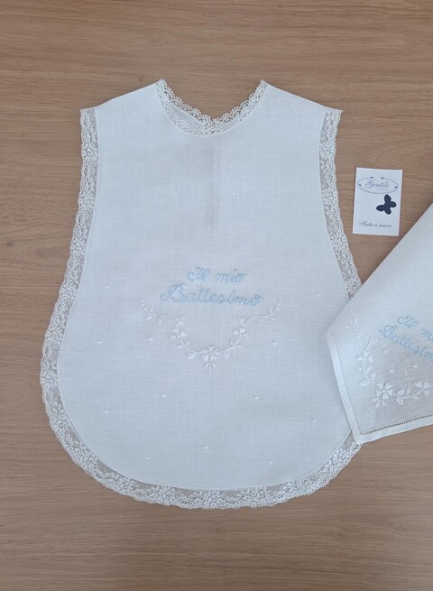 Set Camice Battesimo con fazzoletto in puro lino ricamato a mano Gentile Baby Couture