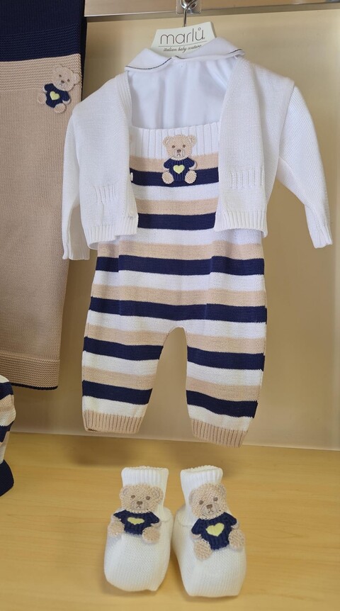 Completo nascita 5 pezzi in filo di puro di cotone Blu / Bianco / Sabbia Marlù