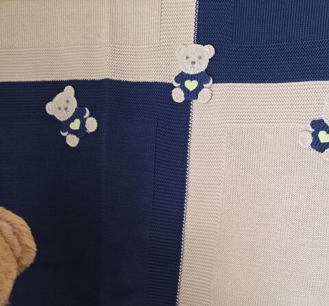 Completo nascita 5 pezzi in filo di puro di cotone Blu / Bianco / Sabbia Marlù