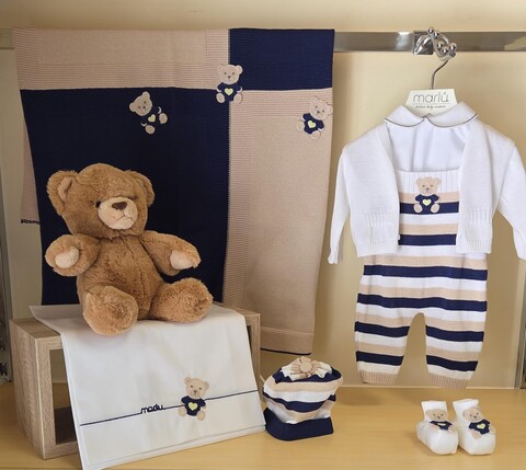 Completo nascita 5 pezzi in filo di puro di cotone Blu / Bianco / Sabbia Marlù