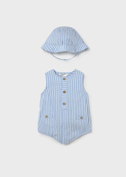 Pagliaccetto in cotone a righe con cappellino Cielo / Bianco Mayoral