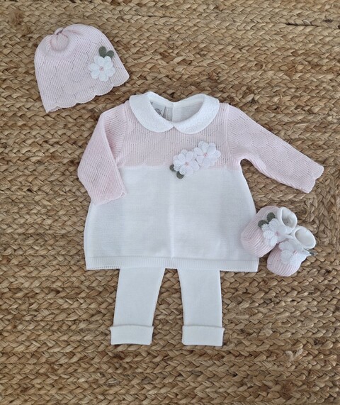 Completo 2 pezzi con cappellino e babbucce Bianco / Rosa Stella taglia 0-3 mesi Marlù