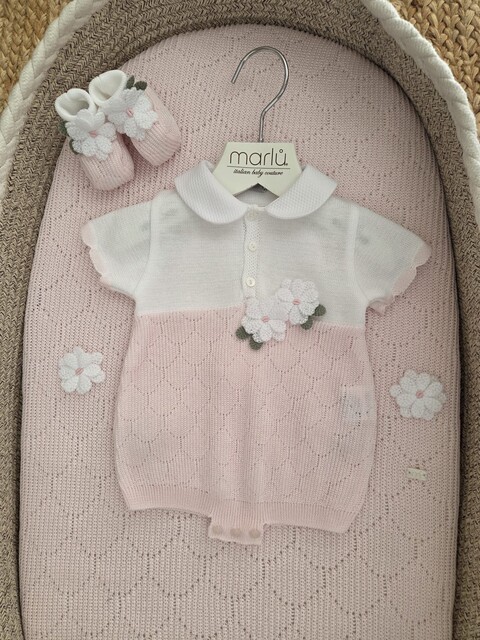 Pagliaccetto con babbucce in filo di puro cotone Bianco / Rosa Stella taglia 0-3 mesi Marlù