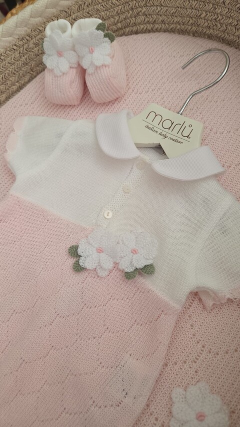Pagliaccetto con babbucce in filo di puro cotone Bianco / Rosa Stella taglia 0-3 mesi Marlù