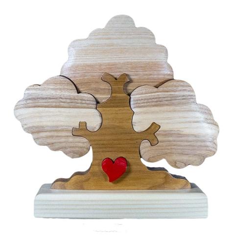 Albero della Famiglia con cuore intagliato sul tronco  in legno a 3 componenti con personalizzazione laser