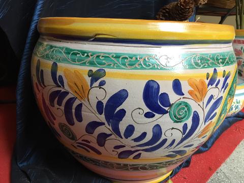 Cachepot in ceramica con disegno geometrico blu e verde diam.38 Laura Buzzetta ceramica arredo